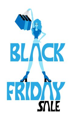 Siyah Cuma satış logosu ile kız ve kağıt torbalar düz vektör alışveriş. Farklı katmanlarda kapatın ve metin türlerinin herhangi bir yazı tipi yeterli değil. 