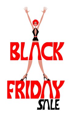 Siyah Cuma satış metinle neşeli kadın düz çizgi film vektör Kaldır ellerini. Farklı katmanlarda kapatın ve metin türlerinin herhangi bir yazı tipi yeterli değil.