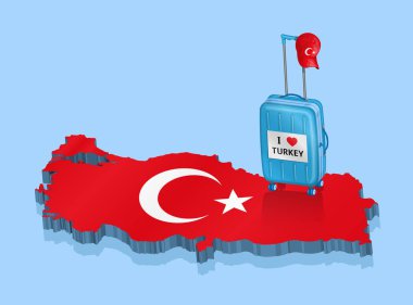 Turist Bagaj ve seyahat Türkiye için bir bayrak gibi 3d harita ile Türk şapka. Farklı katmanlarda kapatın ve metin türlerinin herhangi bir yazı tipi yeterli değil. 