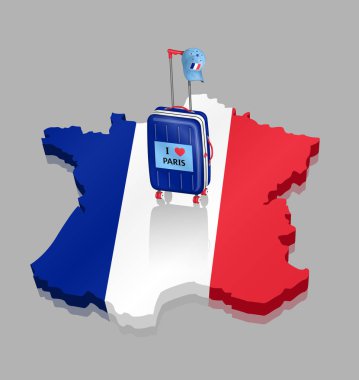 Bavul 3d Fransa harita üzerinde Fransız kapaklı. Farklı katmanlarda kapatın ve metin türlerinin herhangi bir yazı tipi yeterli değil. 