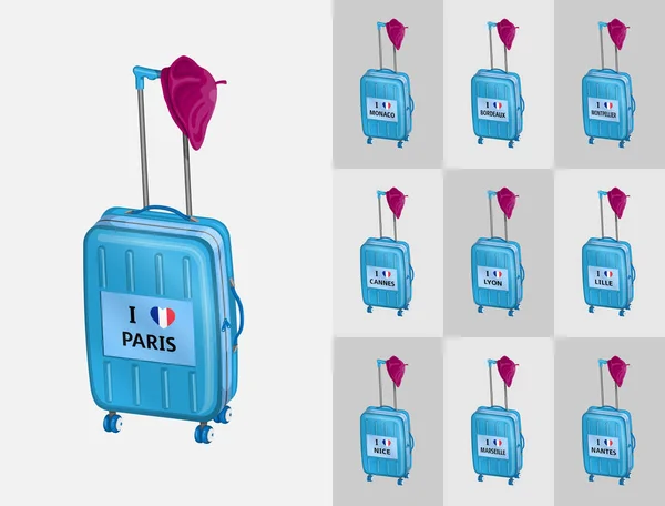Fransa Şehirler Fransız Bere Bavul Seyahat Farklı Katmanlarda Kapatın Metin — Stok Vektör