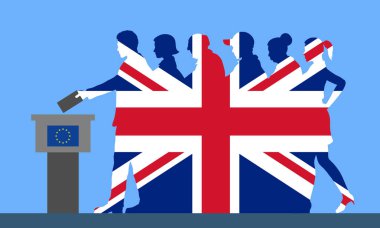 İngiliz seçmen kalabalık siluet Brexit için oylama tarafından Unidet İngiltere bayrak gibi. Tüm siluet nesneleri ve arka plan farklı katmanlarda vardır. 