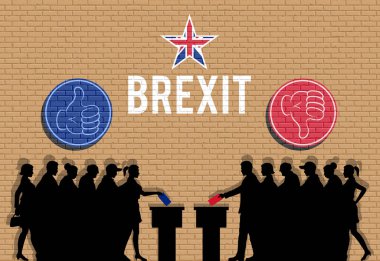 İngiliz seçmen siluet Brexit içinde başparmak kutsal kişilerin resmi ile kalabalık. Tüm siluet nesneleri, simgeler ve arka plan farklı katmanlarda vardır. 
