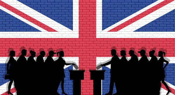 British voters crowd silhouette in election with United Kingdom flag graffiti in front of brick wall. All the silhouette objects, icons and background are in different layers.