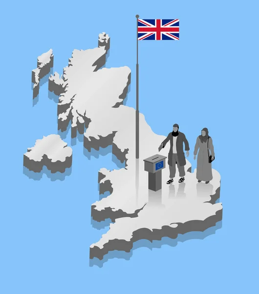 Религиозные Мусульмане Мигранты Голосуют Брексит Вместо Карты Великобритании Объекты Тени — стоковый вектор