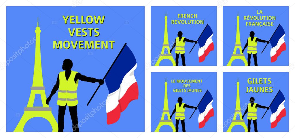 Yellow vests movement graphics with Eiffel Tower and French flag. All the objects are in different layers and the text types do not need any font. 