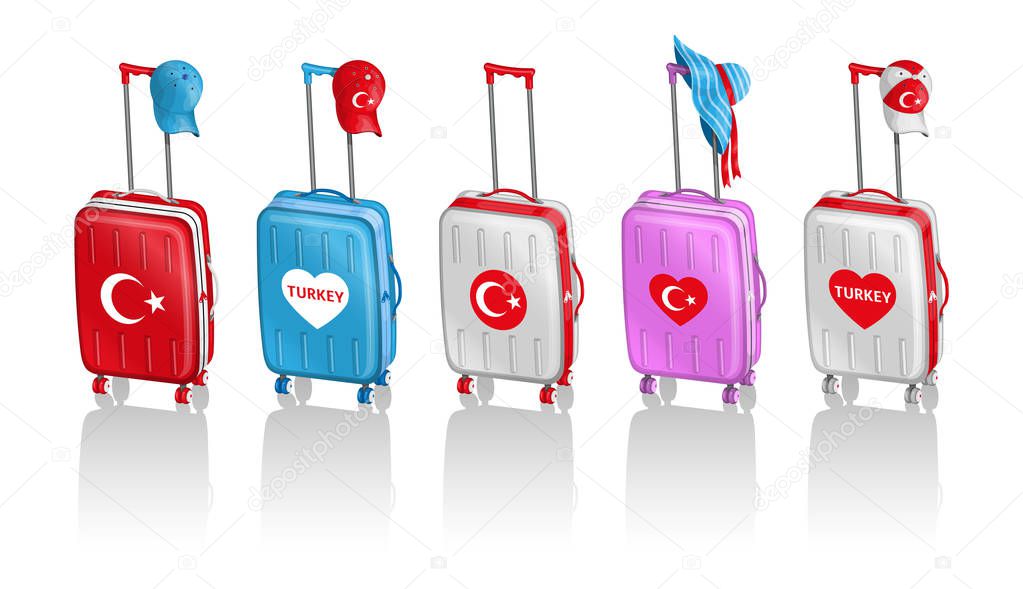 Wheeled bags with different Turkish hats for travel to Turkey. All the objects are in different layers and the text types do not need any font. 