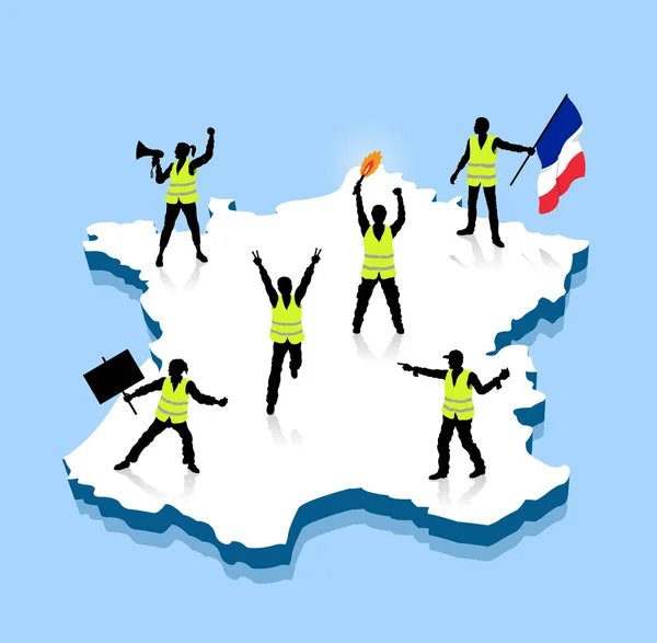 Gilets Jaunes Manifestants Ower France Carte Tous Les Objets Ombres — Image vectorielle