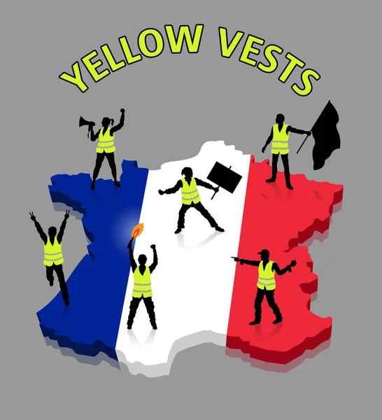 Sarı Yelekler Fransız Protestocular Ower Fransa Harita Tüm Nesneleri Gölgeler — Stok Vektör