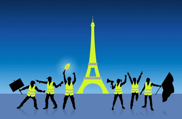 黄色のベストがパリで抗議フランス エッフェル塔の前で 別のレイヤー オブジェクト 影と背景 — ストックベクタ