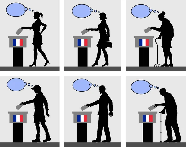 フランスの市民は ふきだしでフランスの選挙のための投票します すべてのシルエットのオブジェクトや背景は 別のレイヤー — ストックベクタ