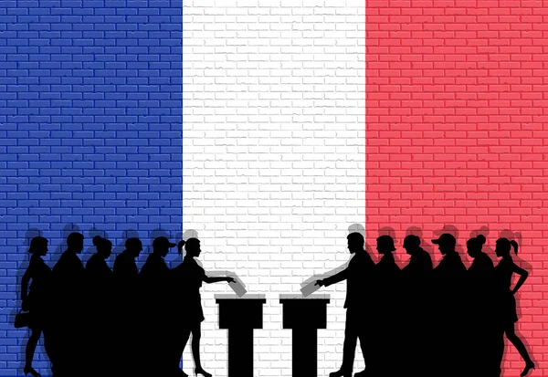 French voters crowd silhouette in election with France flag graffiti in front of brick wall. All the silhouette objects, icons and background are in different layers.