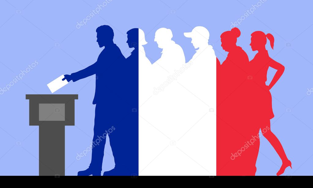 French voters crowd silhouette like France flag by voting for election. All the silhouette objects, and background are in different layers. 