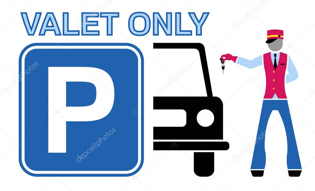 Valet and car silhouette with parking sign. All the objects are in different layers and the text types do not need any font. 