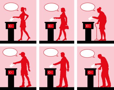 Türk vatandaşları için konuşma balonu ile Türkiye'de seçim oy. Siluet nesneleri ve arka planlar farklı katmanlarda vardır. 