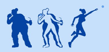 Hamburger yeme ve gülle atma fitness ile kilo şişman kadın. Farklı katmanlarda tüm nesnelerdir.