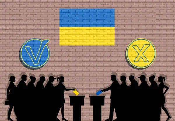 Українські виборці товпляться силует виборах із прапорцями — стоковий вектор