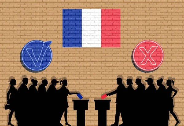 Silueta de la multitud de votantes franceses en las elecciones con marcas de verificación y — Vector de stock