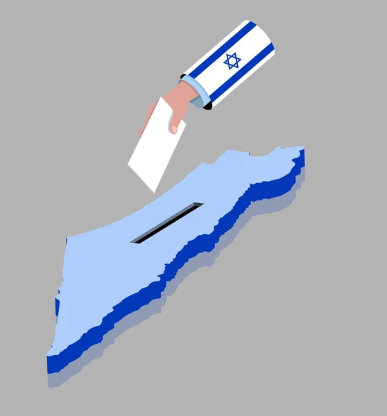 Votar con la mano para las elecciones israelíes sobre un mapa de Israel — Vector de stock