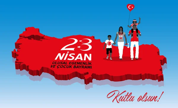 Famiglia turca festeggia il 23 aprile giorno su una mappa della Turchia — Vettoriale Stock