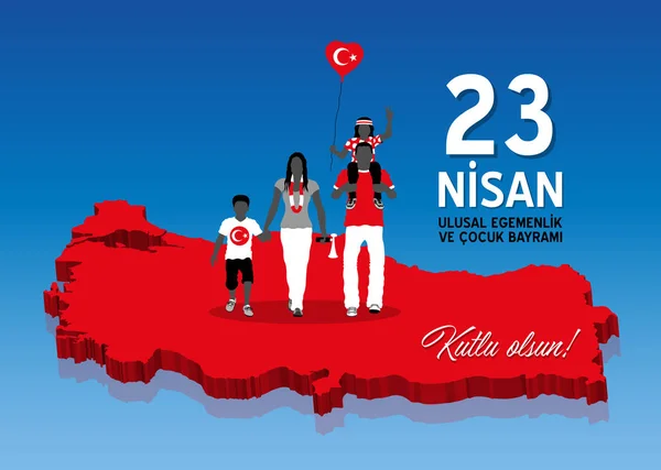 23 aprile celebrazione su una mappa della Turchia con la famiglia turca — Vettoriale Stock