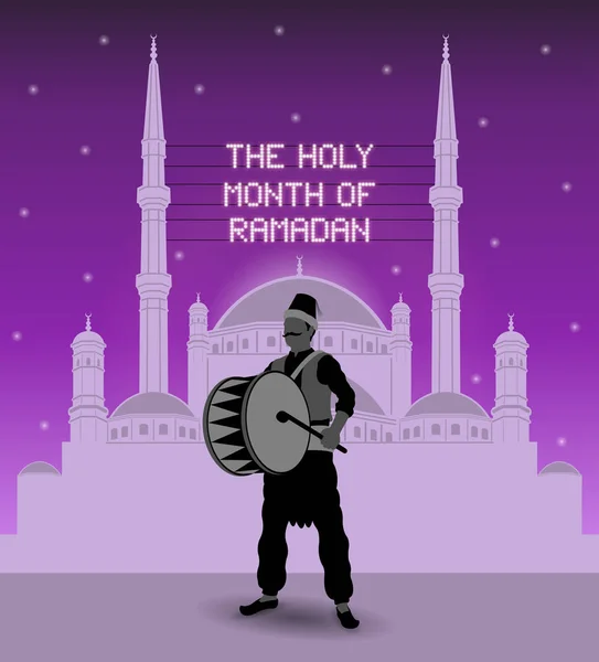 Svatý měsíc ramadánu mahya svítí nad mešitou s ramady — Stockový vektor