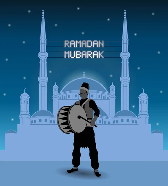 Ramadan moubarak mahya s'allume sur une mosquée avec le batteur du ramadan — Image vectorielle