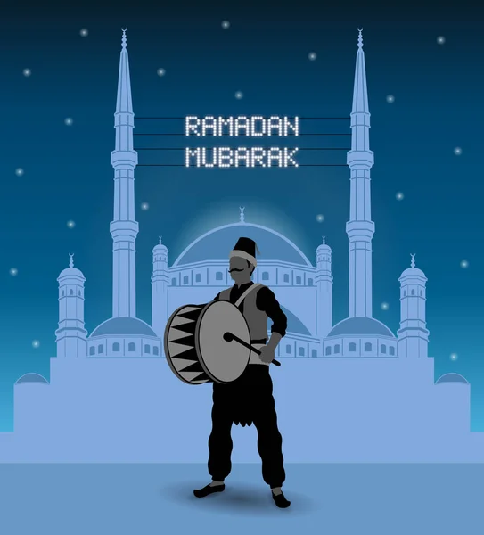 Рамадана Мубарак мах'я вогні над мечеттю з Рамадан барабанщик Ліцензійні Стокові Ілюстрації