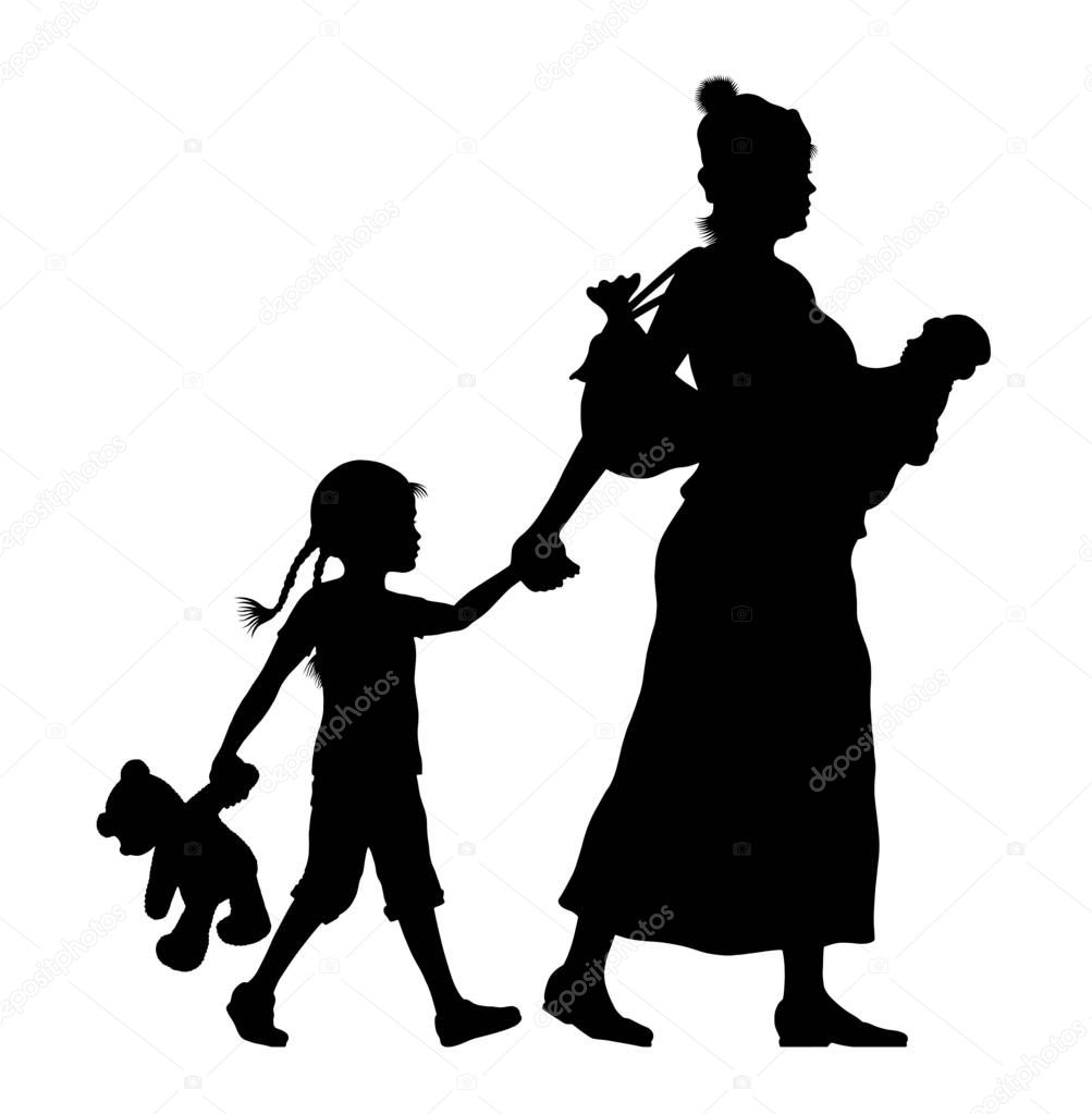 Refugee woman with her baby and little daughter silhouette