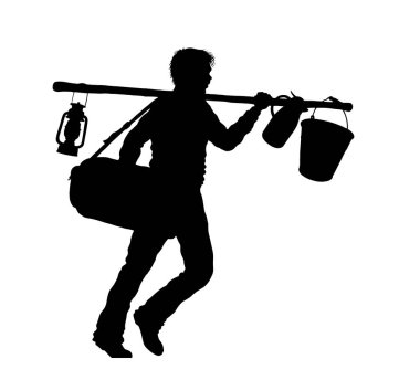 Refugee man silhouette with valise and camping tools clipart