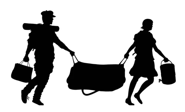 Silueta de pareja inmigrante con equipaje y bolsas — Vector de stock