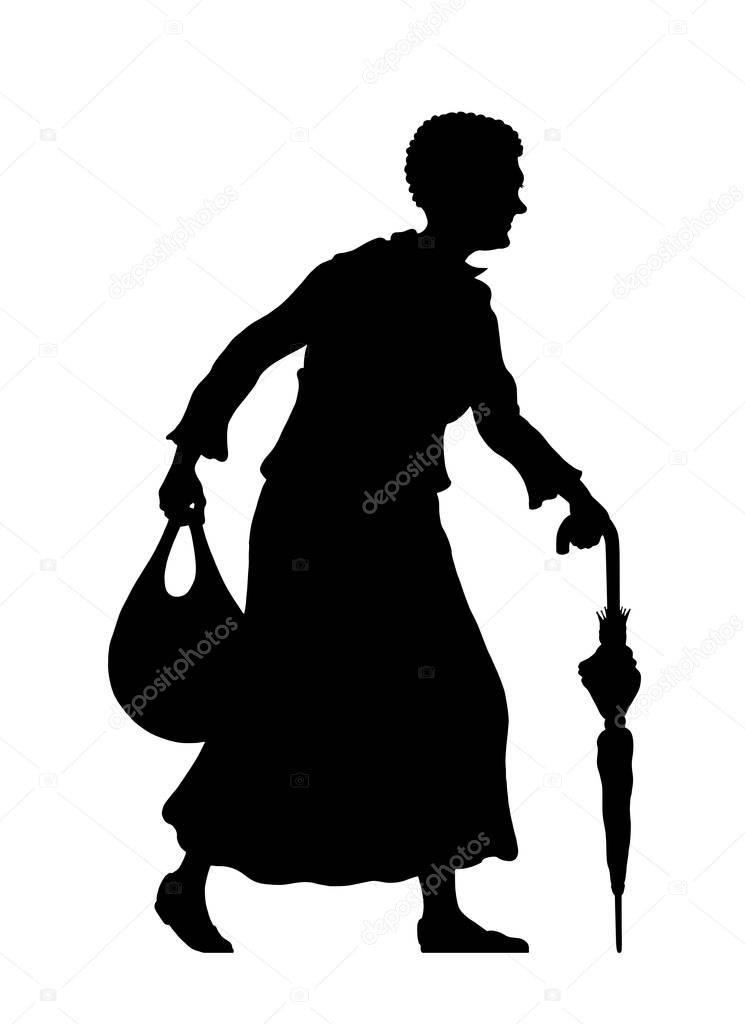 Refugee old woman silhouette with umbrella and bag