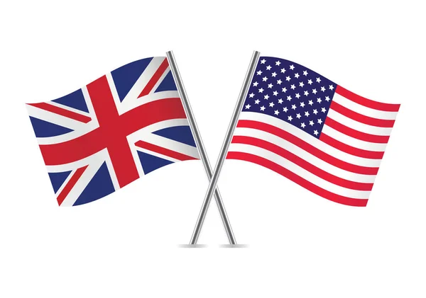 Britanya ve Amerika bayrakları. Beyaz arka planda İngiliz ve Amerikan bayrakları. Vektör simgesi ayarlandı. Vektör illüstrasyonu.
