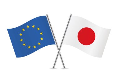Avrupa Birliği ve Japonya bayrakları aştı. Beyaz arka planda AB ve Japon bayrakları. Vektör simgesi ayarlandı. Vektör illüstrasyonu.