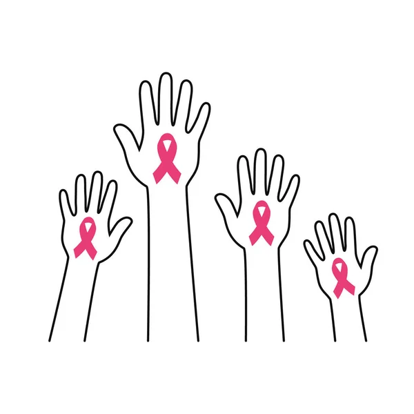 Руки Розовой Лентой Раком Молочной Железы Концепция Осознания Значок Вектора — стоковый вектор