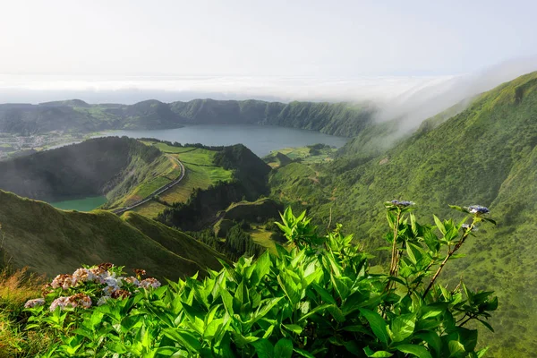 Panoramik Manzara Azores Lagün Üzerinden Azor Takımadaları Volkanik Kökenli Sao — Stok fotoğraf