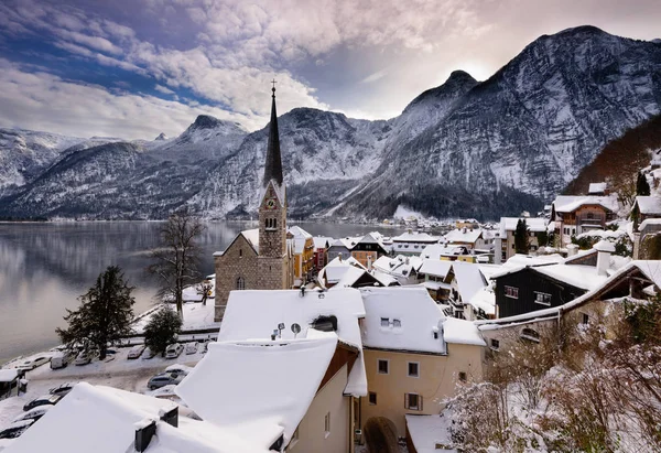 Aldeia Natal Hallstatt Nos Alpes Austríacos Tempo Inverno Coberto Neve — Fotografia de Stock