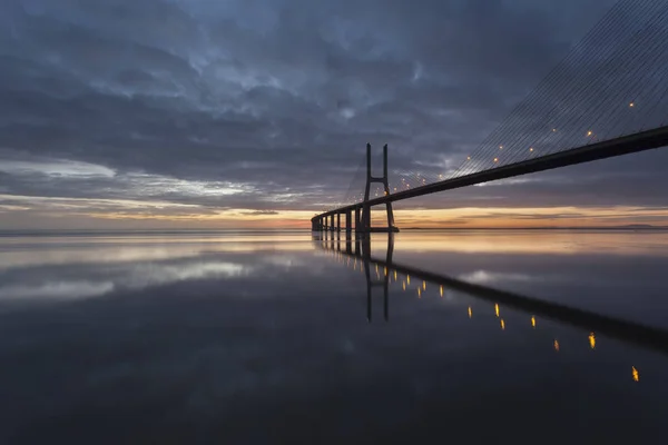 Vasco Gama Bridge Landscape Sunrise One Longest Bridges World Lisbon — Stock Photo, Image