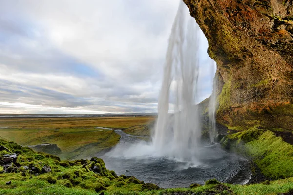 Majestatyczny Seljalandsfoss Najsławniejszy Wodospad Islandii Zachód Słońca Krajobraz Atrakcja Turystyczna — Zdjęcie stockowe