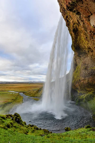 Majestatyczny Seljalandsfoss Najsławniejszy Wodospad Islandii Zachód Słońca Krajobraz Atrakcja Turystyczna — Zdjęcie stockowe