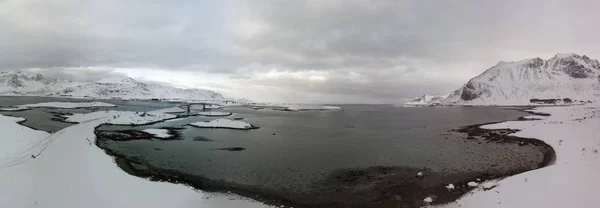 Aereo Drone Vista Panoramica Stupefacente Paesaggio Invernale Isole Lofoten Con — Foto Stock