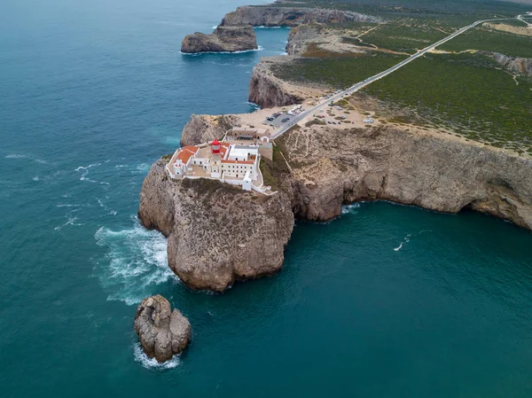 Légi Drone Panorámás Kilátást Világítótorony Sziklák Cape Vincent Naplementekor Algarve — Stock Fotó