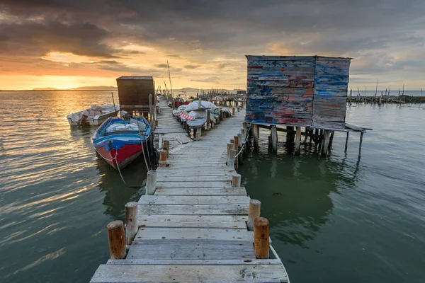 Sunset Landscape Artisanal Fishing Boats Old Wooden Pier Carrasqueira Tourist — Stock Photo, Image