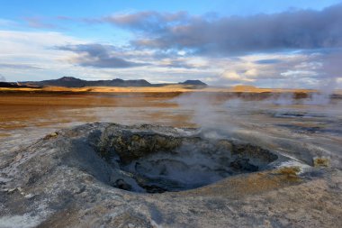 Amazing landscape in the north of Iceland near Lake Myvatn. Panoramic view in myvatn geothermal area. Beautiful landscape in Iceland in an area of active volcanism. clipart
