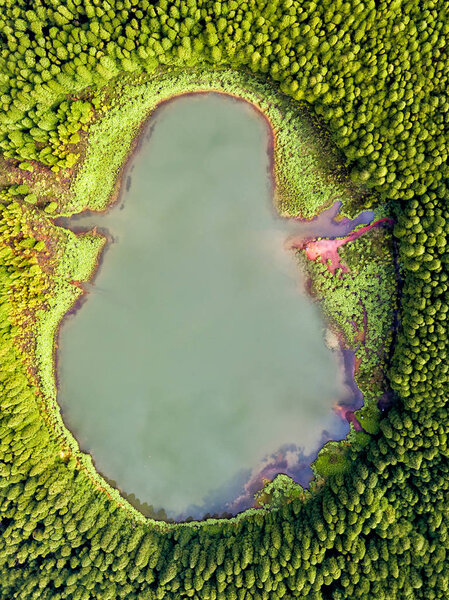 Ghost shaped drone landscape. Top down aerial view of a small pond in the middle of a forest, reflecting clouds in the sky. Bird view of Canary lagoon in Azores, Portugal.