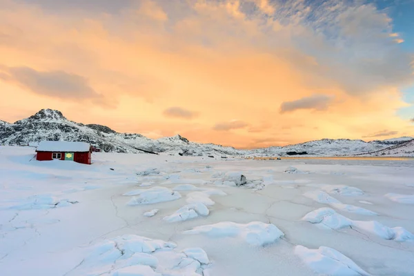 Lofoten Islands Norway Beautiful Winter Scenery Sunset Idyllic Landscape Red — Stock Photo, Image