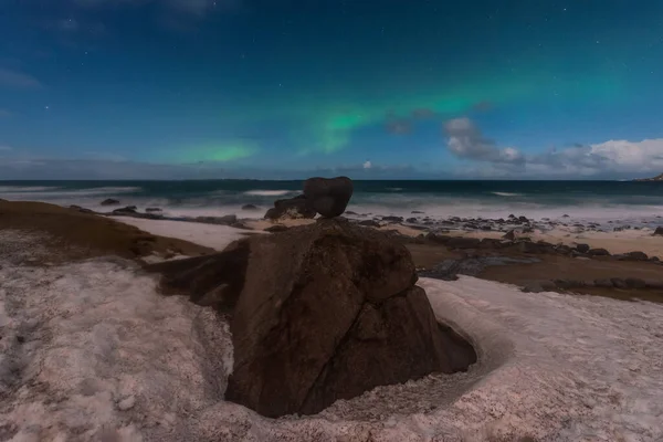 Gyönyörű Északi Fények Lofoten Szigeten Norvégiában Aurora Boreal Part Felett — Stock Fotó