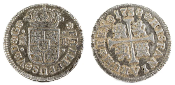 Antika Spanska Silver Mynt Den Kung Felipe 1738 Myntade Madrid — Stockfoto