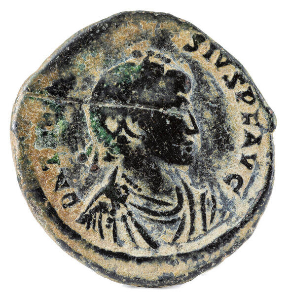 Ancient Roman copper coin of Emperor Theodosius. Obverse.