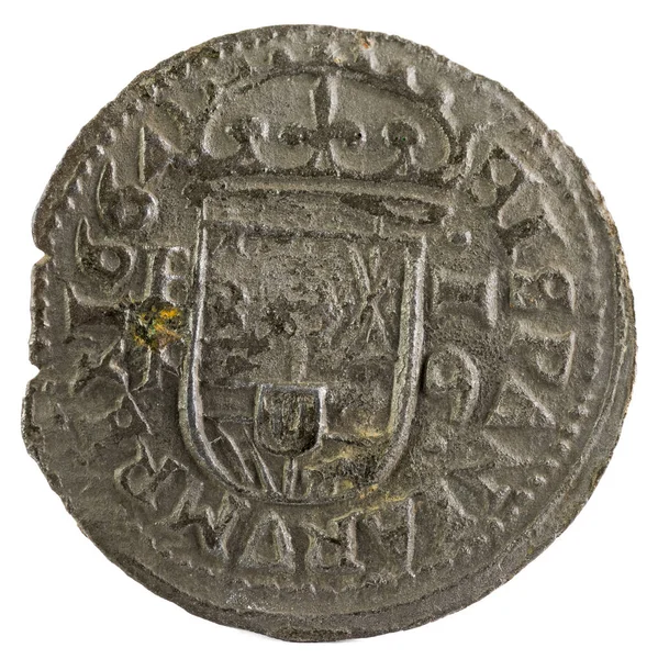 Древняя Испанская Медная Монета Короля Фелипе 1664 Год Maravedis Обратный — стоковое фото